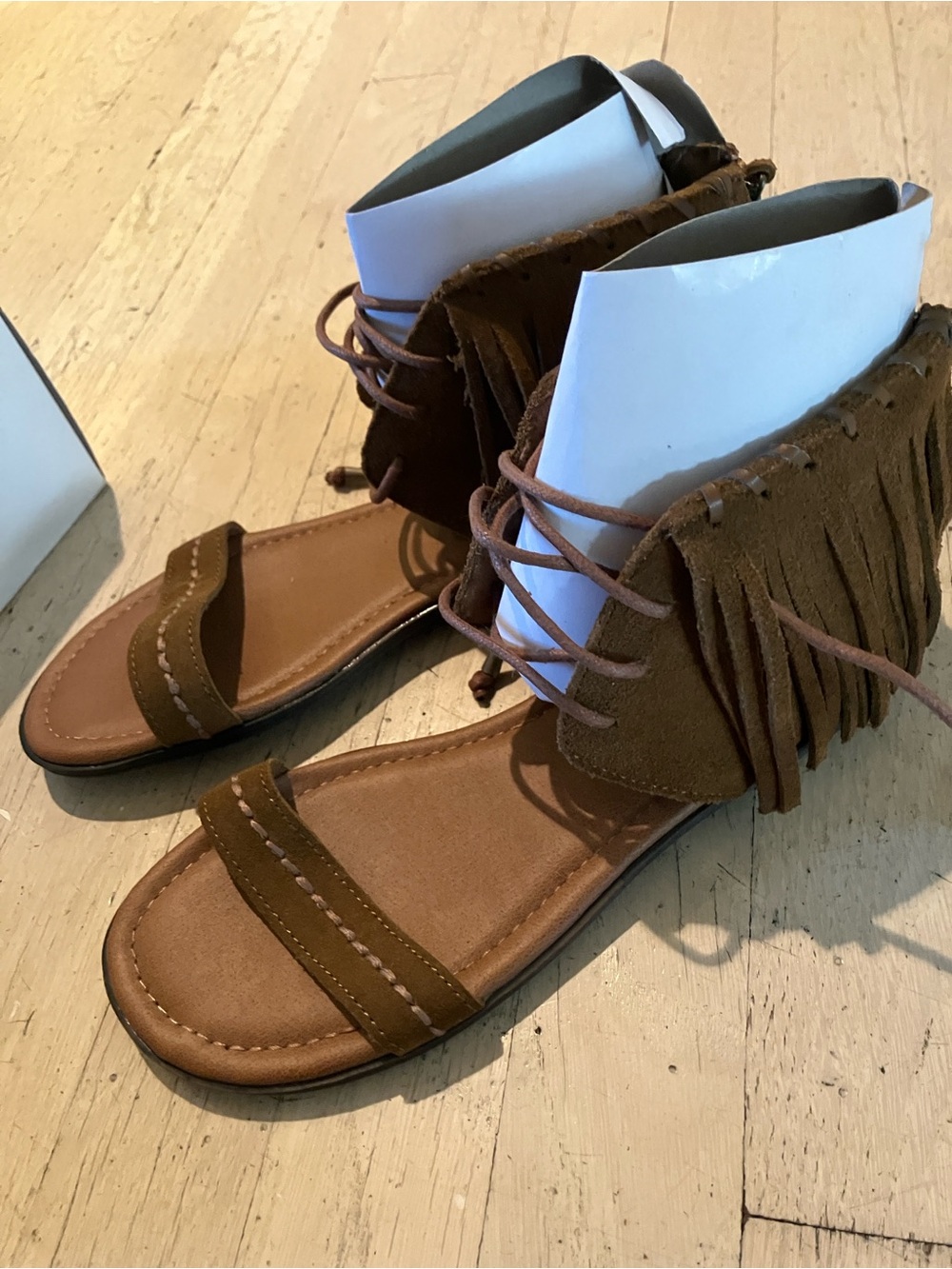 Minnetonka Brown Fringe Lace-Up Sandals
